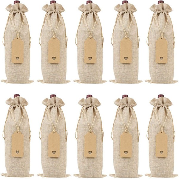 12-delt jute lerret vinpose, gjenbrukbare gaveposer for vinflasker med strammesnor, gavelapper, bryllup, bursdag, høytidsfest (beige)