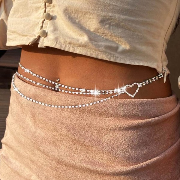 Sølv - Hjerteformet midjekjede med rhinestones, justerbar, for kvinner og jenter.