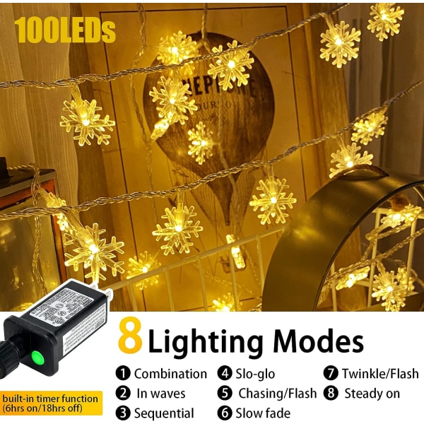 80 LED Christmas Snowflake Lights, 32ft Snowflake Fairy String Lights Indoor, 8 Modes Plug in Christmas String Lights, Waterproof Xmas Light for Chr