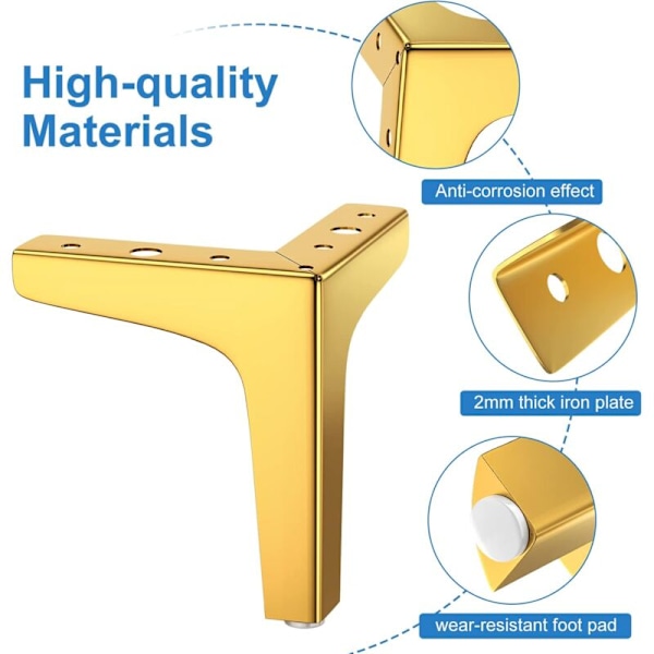 Sæt med 4 møbelfødder til belastninger op til 800 kg, 10 cm moderne metalbordfod i form af en trekant, møbelfod til skab, sofa, guld, guld