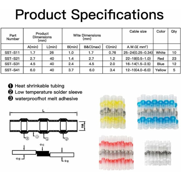 50 st lödningsfria kabelskarvar, värmekrympande skarvhylsor, 4 olika storlekar, kabelkontakter