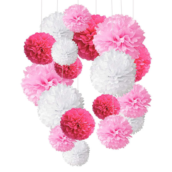 Assortment av 18 rosa, vita och elfenbensfärgade pompom i silkespapper