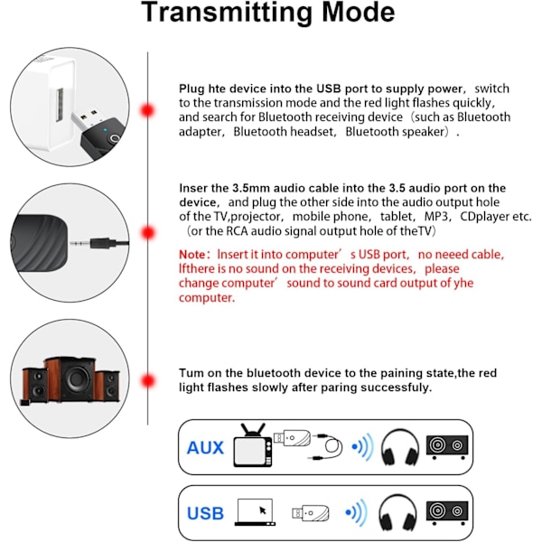 Bluetooth USB-adapter, 5.0 trådløs USB 3-i-1-sender og -modtager, med 3,5 mm jackstik Bluetooth Aux-bilradio-sender, der fungerer til bil/tv/pc/lyd