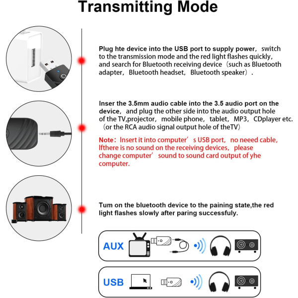 Bluetooth USB-adapter, 5.0 trådløs USB 3-i-1 sender og mottaker, med 3,5 mm jack Bluetooth Aux bilradio sender fungerer for bil/TV/PC/Aud