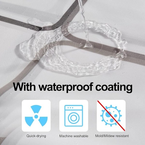 Snabbtorkande duschdraperi, tvättbar polyester som kan tvättas i maskin, halvtransparenta badrumsgardiner med 12 krokar 200 x 200 cm vit