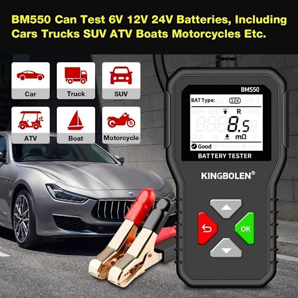 6V 12V 24V AUTO Batteritester, BM550 100-2000 CCA 2-200Ah Automotive Alternator Tester Digital Batterianalysator for Bil/Lastebil/Motorsykkel/ATV/SUV/Båt/