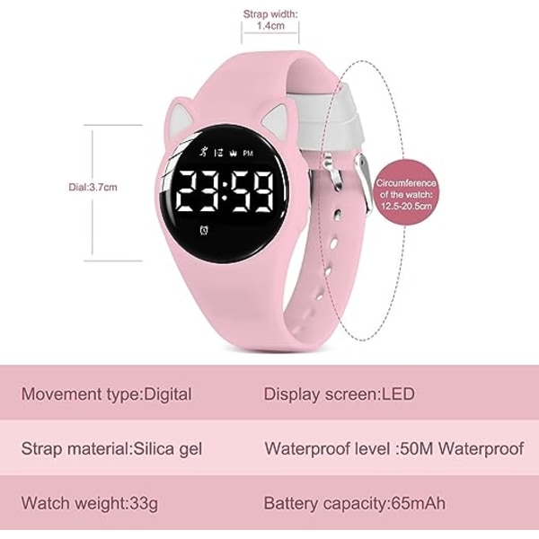 Pink og hvidt børneur, lille øre-ur til piger, digital fitness tracker med alarm/kronograf/vandtæt, gaver til 5-15-årige piger
