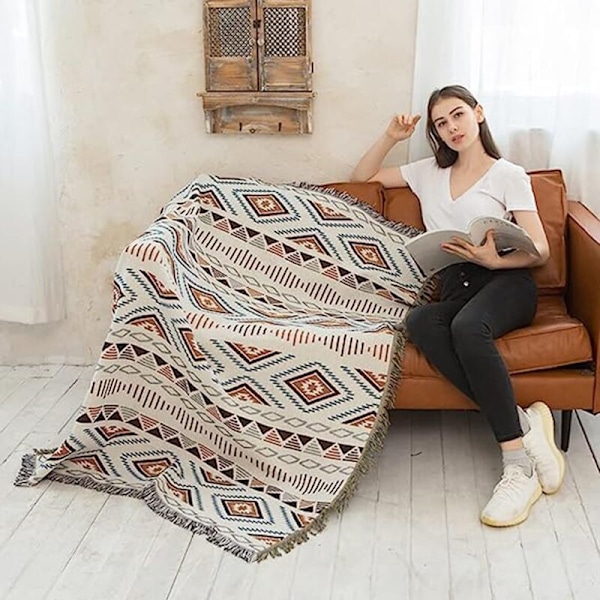 (Geometriska mönster, 130x180cm) Sofföverdrag med tofsar, soffplädar, stickad filt, etnisk stil, för hemmet, kontoret, resor, th