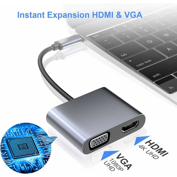 USB C till VGA HDMI Adapter, Typ C till VGA HDMI 4K UHD Adapter Kompatibel med MacBook Pro/Air Nintendo Dell HP Samsung S8/S9 Huawei Mate 30 och fler l