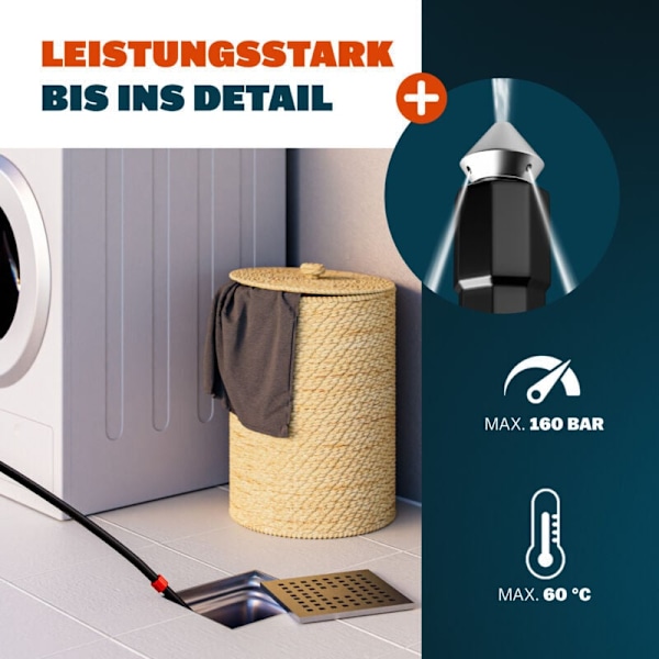Painepesurin letku musta joustava viemärinavausletku 15m viemärinpuhdistus - RWDrain Unblocker