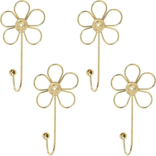 Set med 4 dekorativa väggkrokar i form av en gyllene blomma för att hänga halsdukar, handdukar, nycklar, väskor, hattar