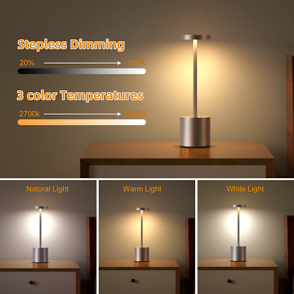 Trådløs berøringsbordlampe LED-nattlys, USB-batteridrevet oppladbar bordlampe for soverom/stue/utendørs bærbar lys (2 stk sølv)