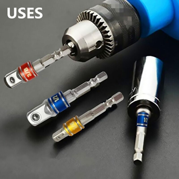 105° Vinkeladapter (1/4\", Hex Bit) og 3 stk. Trådløs Skruetrækker Socket Adapter Socket Adapter til Bit Holder (1/4, 3/8, 1/2\").