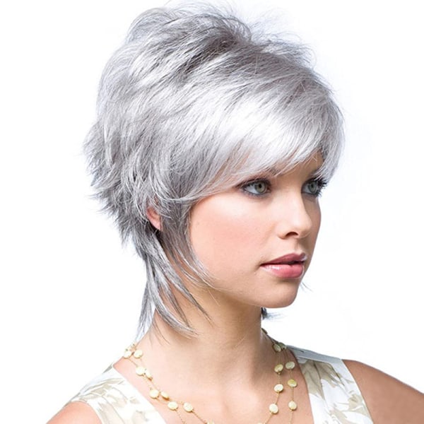 Kort peruk med sned lugg silvergrå, syntetisk peruk för kvinnor