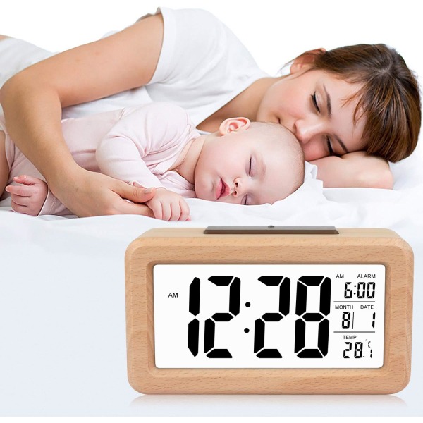 Enkel Trä Digital Väckarklocka med Temperatur, Digital Väckarklocka, Datum, Bakgrundsbelysning, Snooze, för Sovrum, Sängbord, Hem, Kontor, Tyst