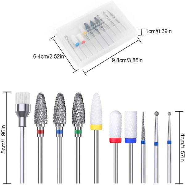 10 st Nail Drill Bits Set, 3/32 Keramiska Nail Drill Bits för Akryl Gel Naglar Professionell Nagelband Slipning Huvud Set för Manikyr Pedikyr