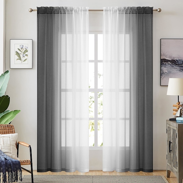 Ombre Skjørgardiner 137 cm x 213 cm - Imitert Lin Dobbeltsidig (Sett med 2) - Lysfiltrerende, Personvern - Svart Ombre for Soverom/Stue