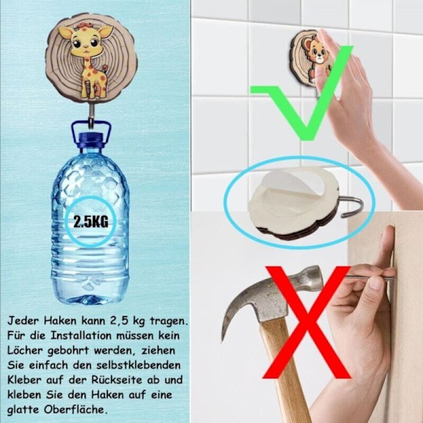 Set med 6 Trä Väggkrokar för Djurformade Barn - Utan Borrning - För Barnrum - Dekorativ Gåva
