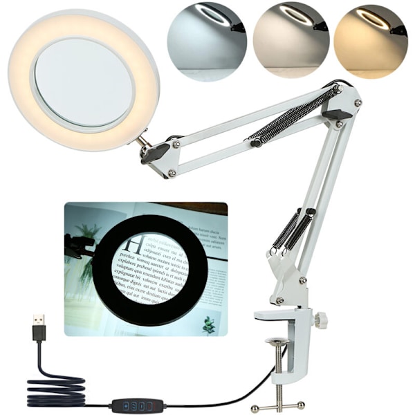 Fleksibel bordlampe med klemme, 8x forstørrelsesglas, drejelig arm, LED med variabel intensitet, skrivebordslampe, 3 farvetilstande og 10 lysstyrkeniveauer, læselampe
