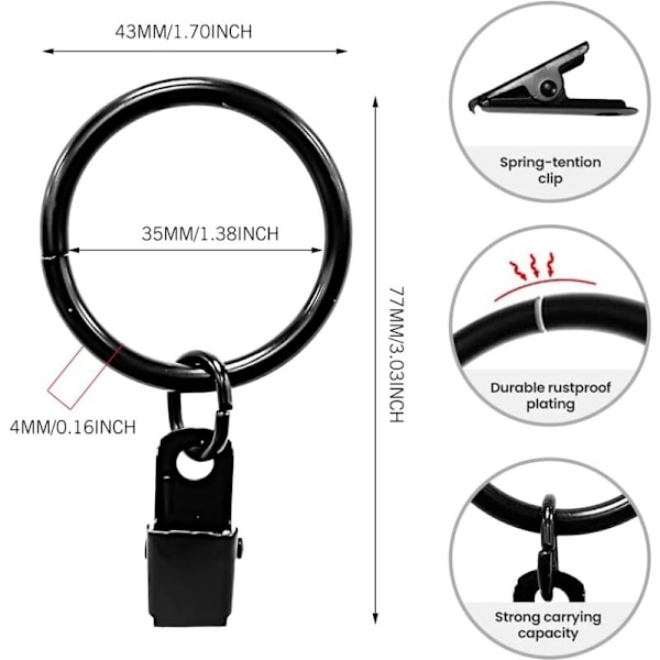 30 stycken gardinringar med klämmor, metall gardinkrokar Gardinklämmor 35 mm diameter för fönster- och duschdraperier