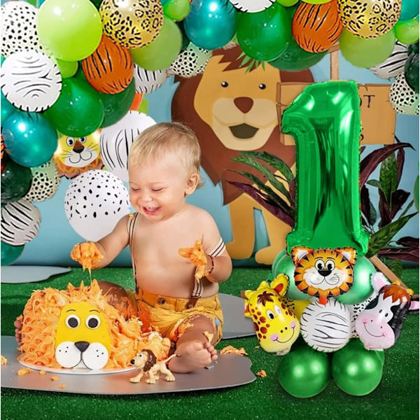 Djungel 1 år gammal pojke födelsedagsfest dekorationer, 1 år gammal baby pojke födelsedagsfest dekorationer, 1 år gammal födelsedag ballonger djur med latex Ju