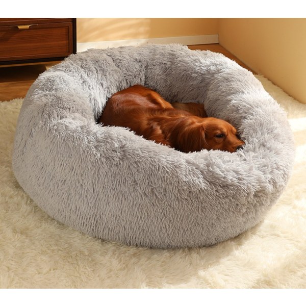 Soft Plush Cat Calming Dog Bed, Round Washable Pet Bed for Large Dogs and Medium Cats, Plush Faux Fur Up to 11/15/24/45kg, Gray