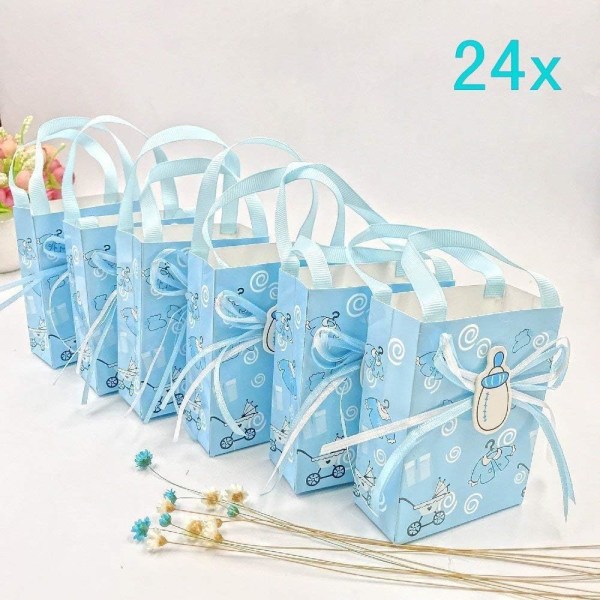24 x Blå baby shower-presentpåse pojke mjuk påse mini festpapperspåse för babypojke födelsedagsfest dop dopfest Barnens dag-presenter