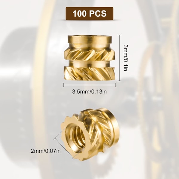 100 stk. Senkmonterte muttere for 3D-utskrift, messinginnlegg med gjenger M2 hunngjenger for 3D-utskrift, bil, bærbar PC, plastskall (M2x3x3,5 mm)