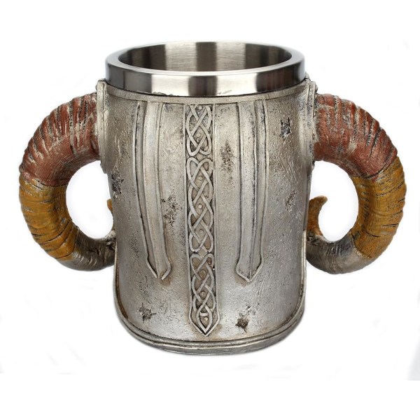 Viking Warrior Skull Mug Tankard Rostfritt Stål Skull Mug Öl Mugg Kaffe/Dryck 18oz Viking Warrior Ram Horn Hjälm mugg