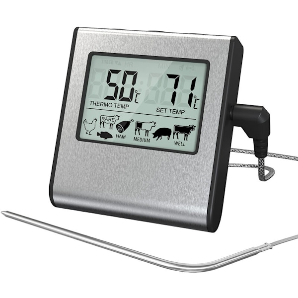 Digital kötttermometer med stor LCD-skärm för rökugn, kök, grilltermometer med timer och temperaturprob i stål