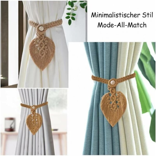 Set med 2 beige knappmanschetter, bladformade gardinkit, krokar, repstödögla, handgjord vävning, bohemisk pompom, dekoration, brun