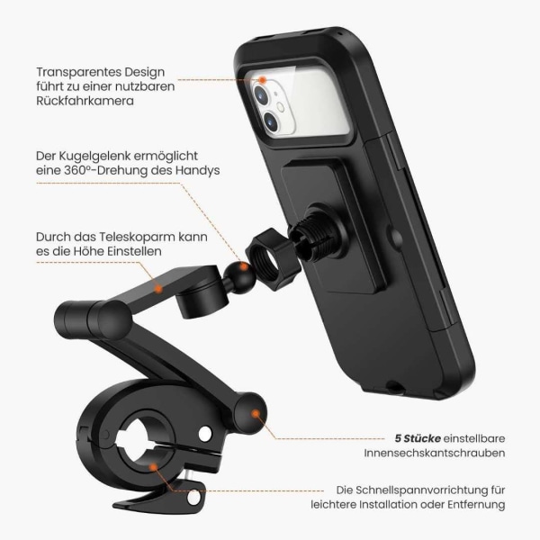 Motorsykkeltelefonholder, vanntett sykkeltelefonholder, 360° motorsykkel scooter smarttelefonholder med regntrekk telefonholder for motorsykkel