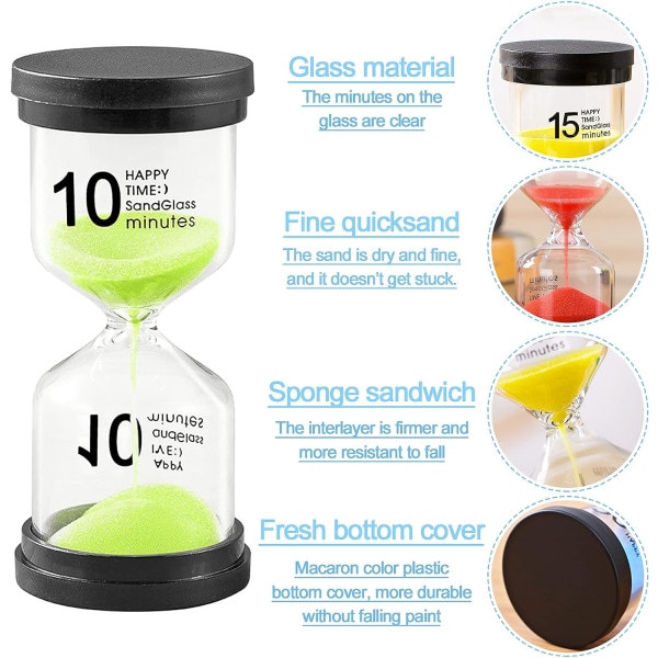 Set med 6 timglas, färgat timglas transparent glas kit, sandklocka 1 min/3 min/5 min/10 min/15 min/30 min - timglas timer, timer timer, kit