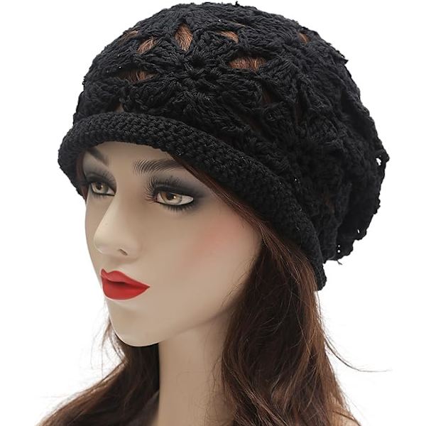（Svart）Våren Høst Beanies Dame Håndlaget Heklet Slouchy Beanie