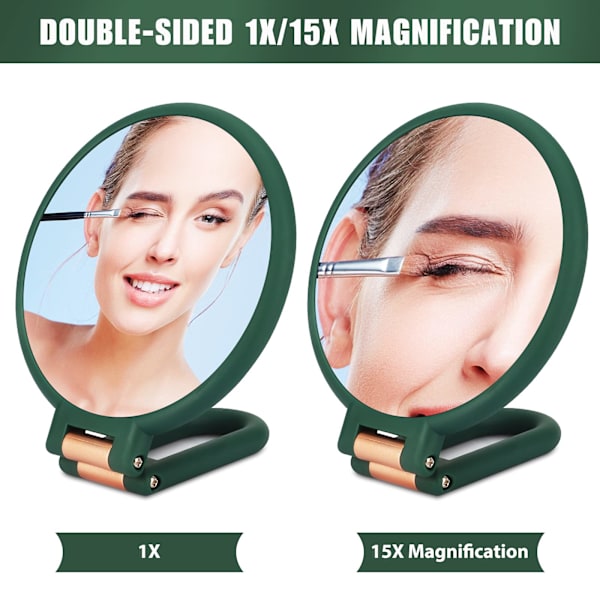 Dobbeltsidet makeup spejl, 1x 15x forstørrende håndholdt spejl, hængende skønhedsspejl, bærbart lille rejsespejl til piger kvinder - Grøn
