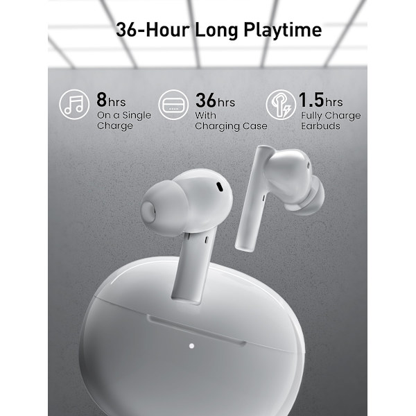 Aktiv støyreduserende ørepropper, True Wireless Earbuds Rich Bass, overlegen lydkvalitet Støyreduserende mikrofon for samtaler (hvit)