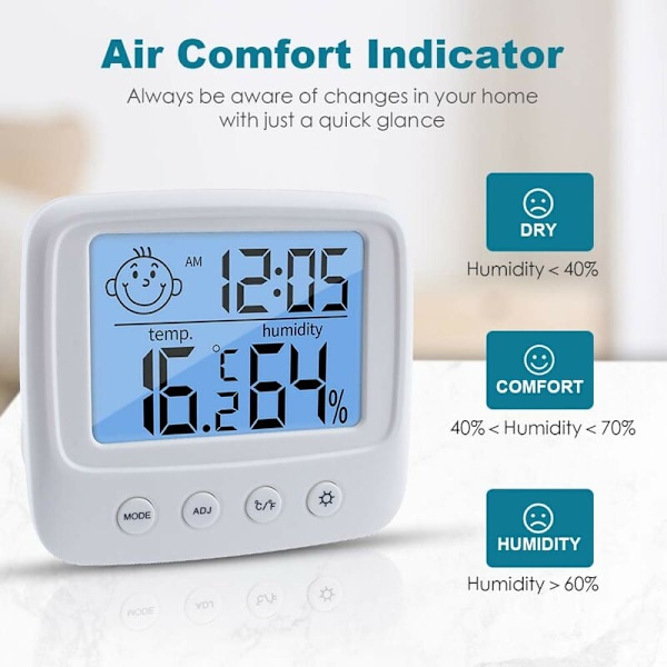 Højpræcisions digitalt indendørs hygrometer termometer, temperaturmonitor og hygrometer, termo-hygrometer komfortindikator med baggrundsbelysning, ur