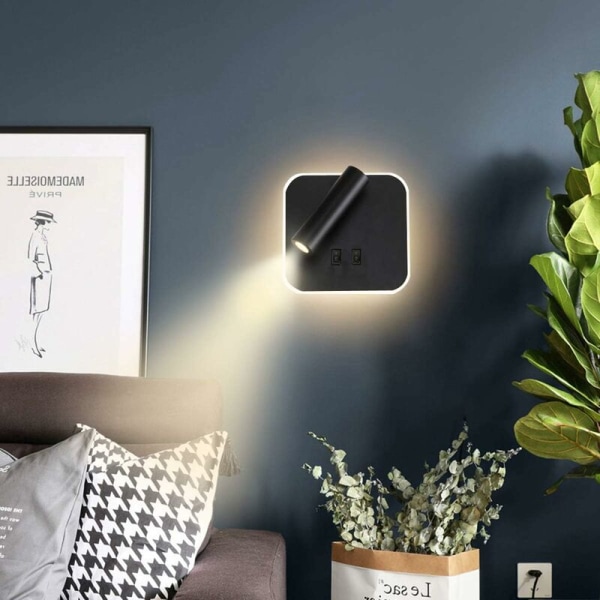 LED Bedside Lights Indoor Hotel Wall Lamp Bed Wall Lights Corridor Wall Lamp with Switch Black 3W + 10W -Versailles (Square)