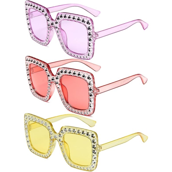 3-pack överdimensionerade solglasögon med strass (trefärgade) fyrkantiga unisex diamantglasögon tjocka ramar glänsande kristallsolglasögon gnistrande semesterglasögon F