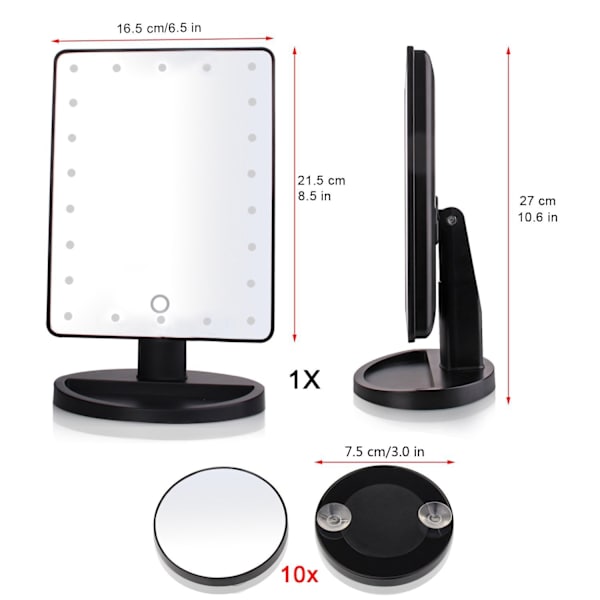 Svart belyst speil, 10x forstørrende LED-sminke speil, LED-speil, USB og batteri opplading, 180° sminke speil, Lu forstørrende speil