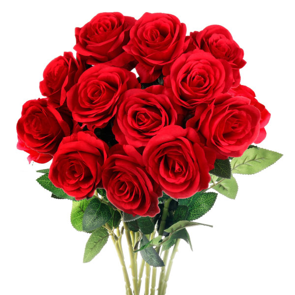 Morsdag 12 STK Rød rose kunstsilkeblomster, falske roser med lange stilker Realistiske falske roseblomsterbuketter