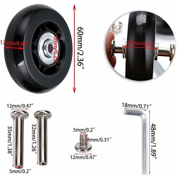 Erä 2 varapyörää rullaavilla akseleilla 70 x 24 mm - varapyörät matkalaukkuun, matkalaukun korjaus, matkalaukun ruletti, matkatavarapyörä, akselit ja pyörät
