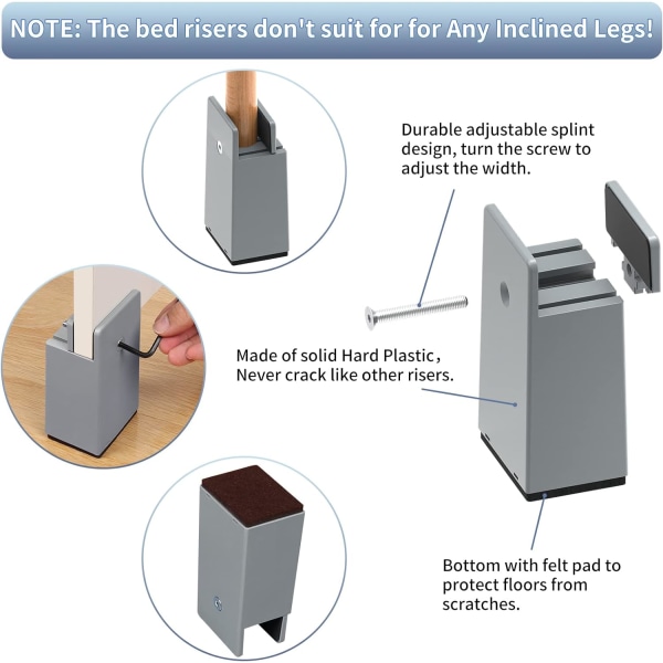 10 cm säädettävät sängynjalustat, ruuvikiinnitteinen, 4 kpl, 4 tuuman huonekalunostin, raskas, sopii 0-37 mm leveille huonekalujaloille