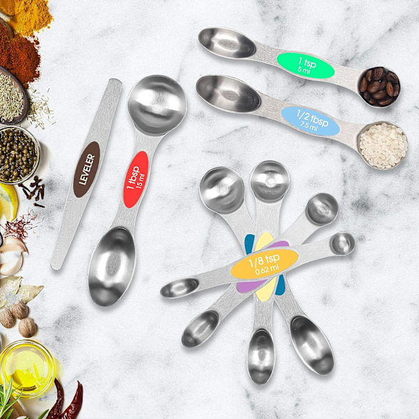 Magnetisk måttskedssats, 8-delad rostfritt stål köksmåttsats för mätning av torra och flytande ingredienser, lämplig för smala kryddburkar
