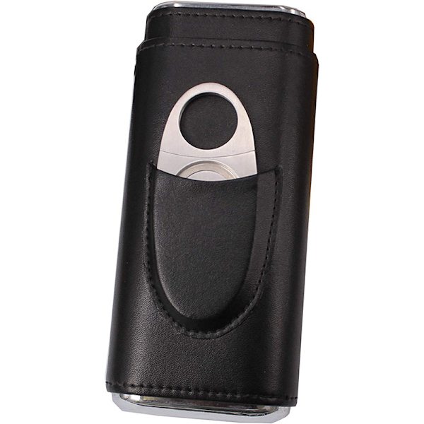 Høj kvalitet læder humidor (sort) rummer op til 3 cigarer dækket cigar humidor med sølv cigar cutter
