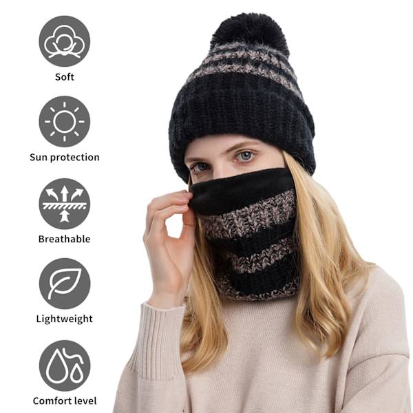 Dammössa Set, Fleecefodrad Stickad Halsduk Varm Mössa med Pom Pom Vinter Varm Set, Mössor för Medelstora till Stora Barn