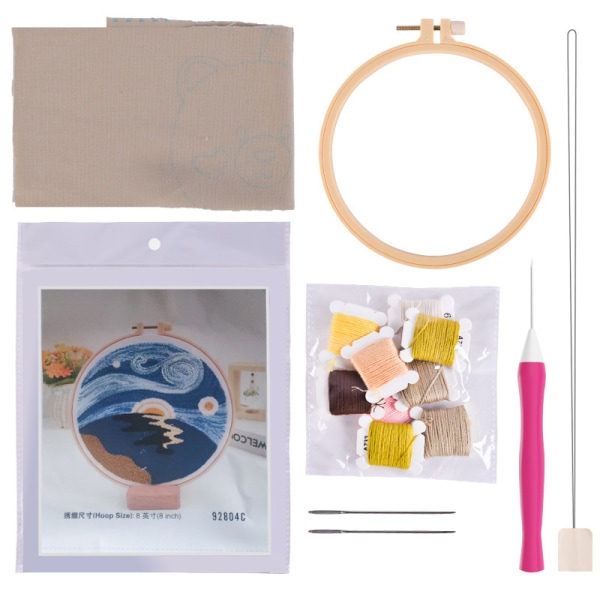 Sunrise Embroidery Punch Kit with Instructions , Adjustable Punch Needle, Fabric with Needle, Threads, Rug Embroidery Hoops and Pinch Needle