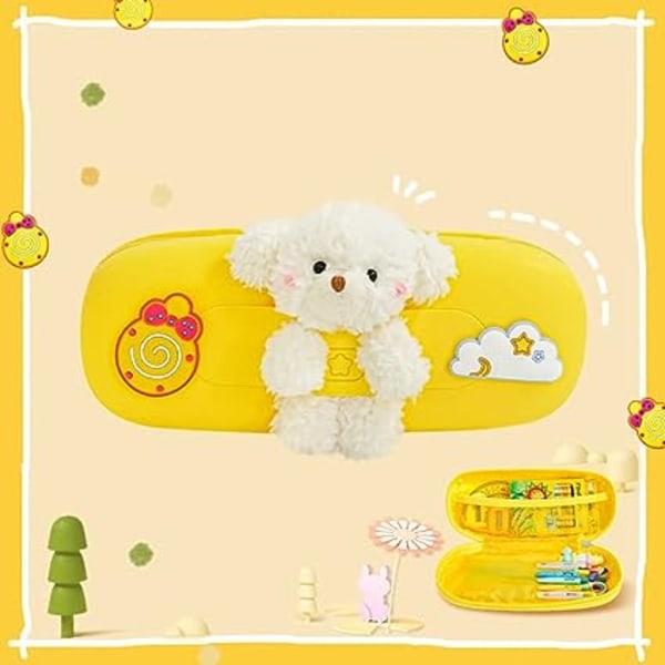 (Yellow) Creative cute bear cartoon dual-use pencil case, student silicone stationery bag