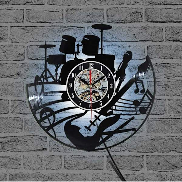 Musikgitarr Vinyl Record Väggklocka Modern Design Kreativ Väggkonst Vardagsrum Sovrum Dekoration Klocka med 12 Tums LED