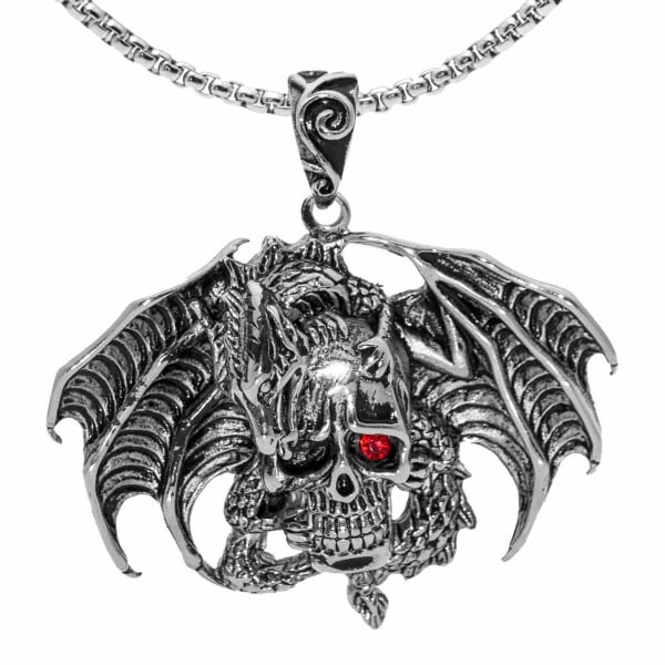 Dragon Halsband för män, Gothic Flying Dragon Wings Skull Halsband, Red Eye Skull Pendant Halsband med 23,6” kedja, Punk Hip Hop Halsband Smycken G